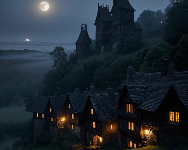 Ancient village illuminated by a full moon at twilight