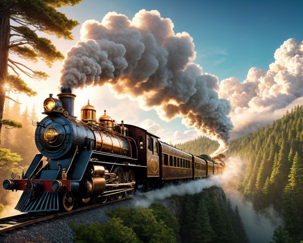 Vintage Steam Train in Lush Forest Landscape