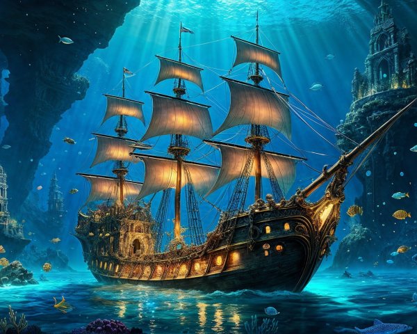 Majestic ship navigating vibrant underwater scenery