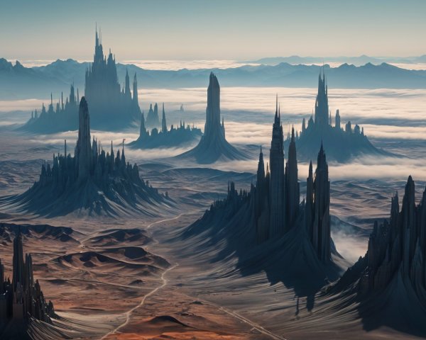 Surreal Landscape of Towering Spires and Foggy Valley