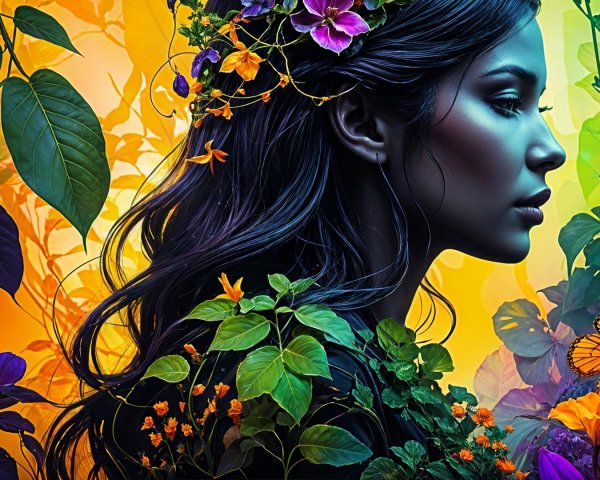 Woman's Profile Amidst Lush Foliage and Flowers