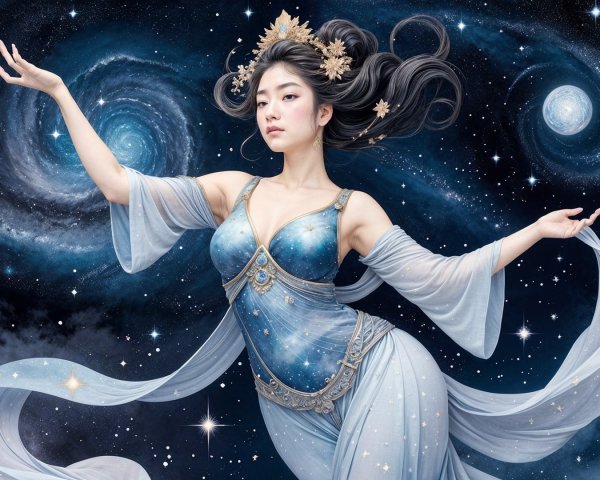 Celestial Figure in Cosmic Landscape with Stars