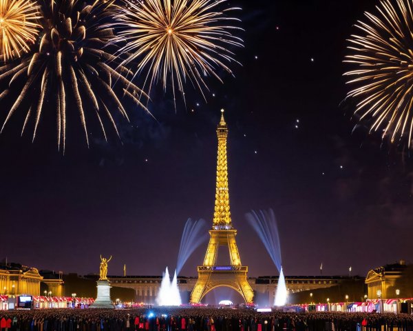 Eiffel Tower Night Scene with Fireworks and Crowd