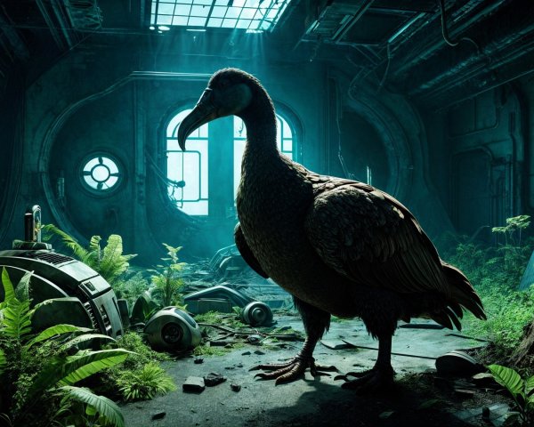 Dodo Bird in Futuristic Room Overrun by Nature