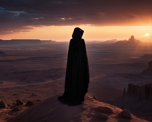 Cloaked Figure Overlooking Desolate Landscape at Sunset