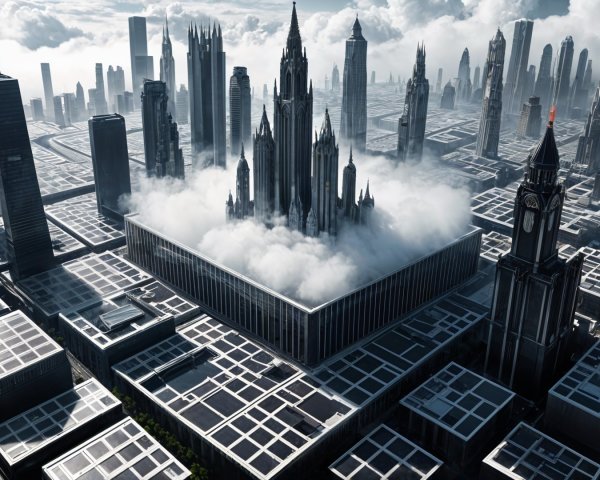 Futuristic cityscape with skyscrapers above clouds