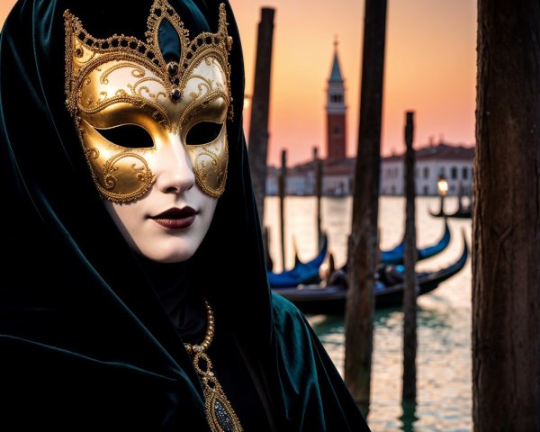 Mysterious Figure in Golden Mask by Venetian Canal