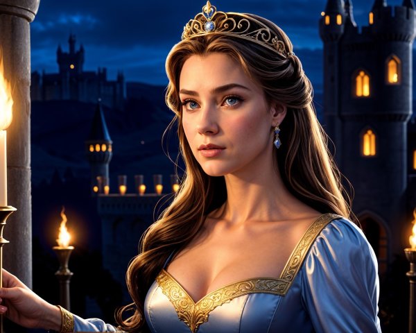 Young Woman in Light Blue Gown in Medieval Setting