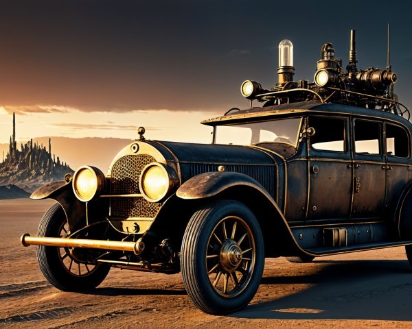 Steampunk Vintage Car in a Barren Landscape