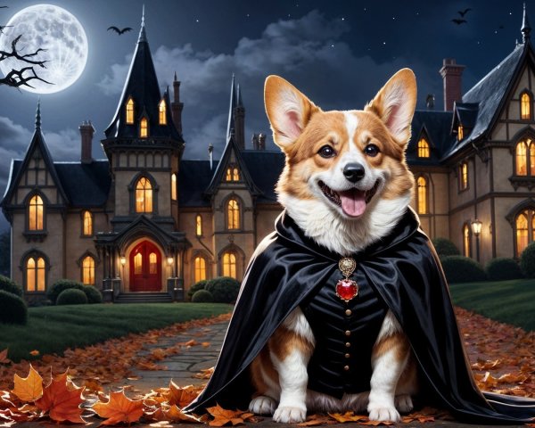 Corgi in Cape by Spooky Mansion with Autumn Leaves