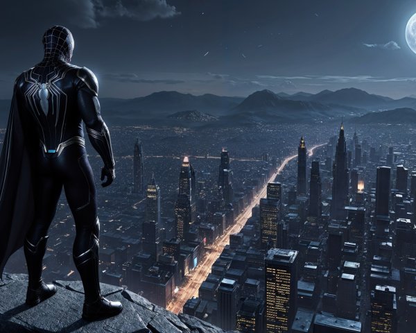 Figure in Black Suit Overlooking City at Night