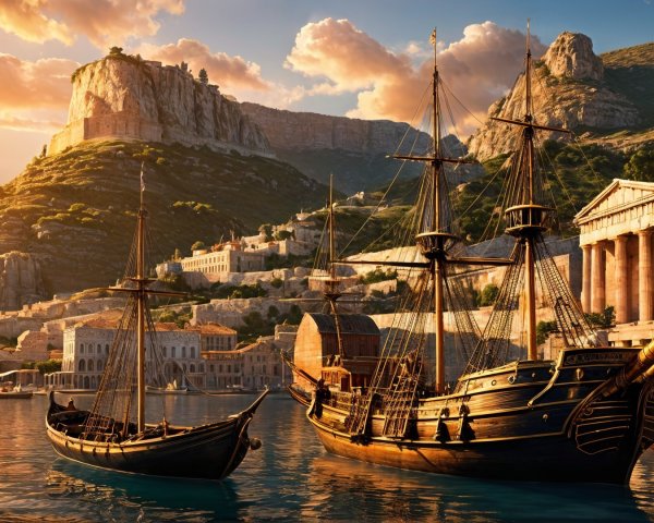 Picturesque Seaport Sunset with Ancient Ships and Cliffs