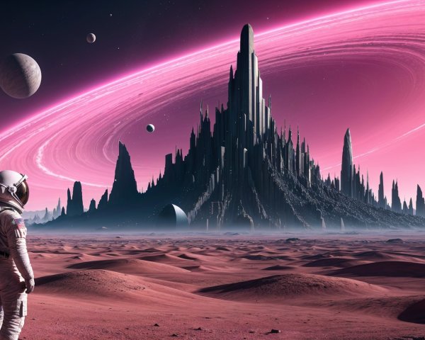 Astronaut on Red Landscape with Ringed Gas Giant Sky