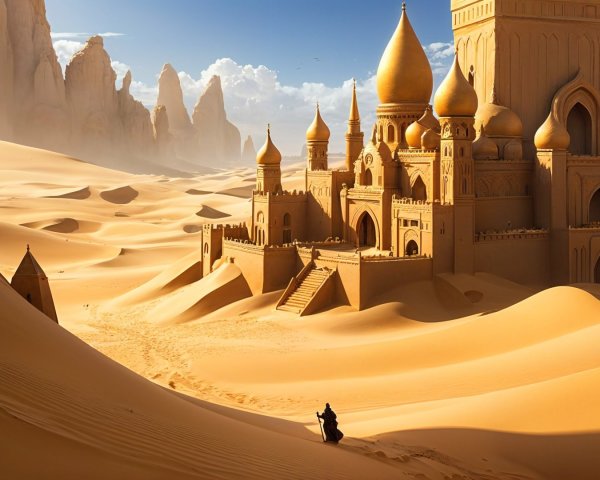 Majestic Sandcastle Amidst Golden Dunes and Clear Sky