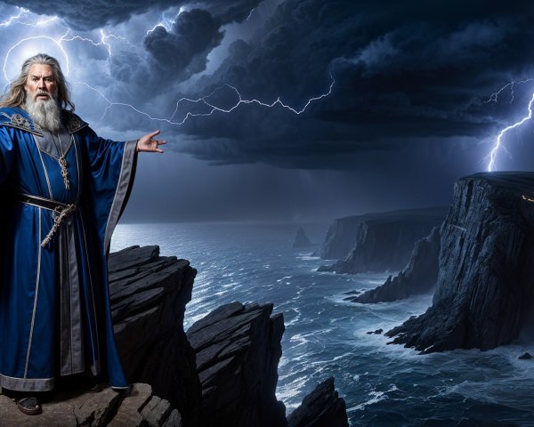 Wizard in Blue Robe Commands Stormy Cliffside Scene