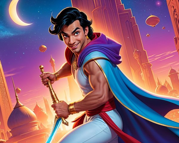 Young man with sword in vibrant clothing against moonlit backdrop