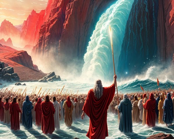 Dramatic Scene of Water Parting with Colorful Crowd