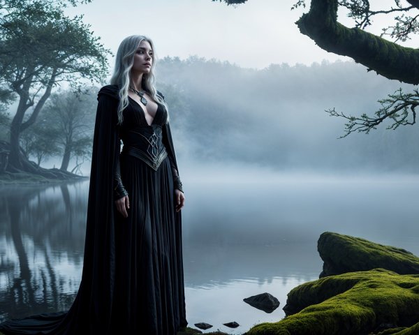 Mysterious Figure by Misty Lake in Black Gown