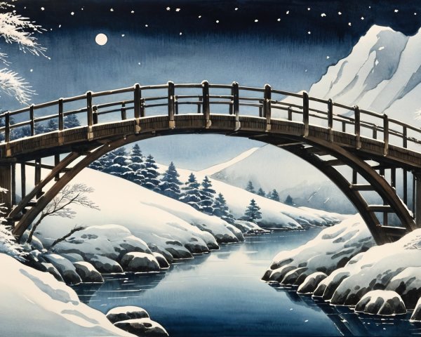 Tranquil Winter Landscape with Moonlit River and Bridge