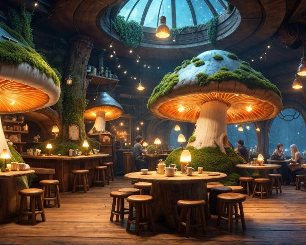 Whimsical Tavern with Oversized Mushroom Decor