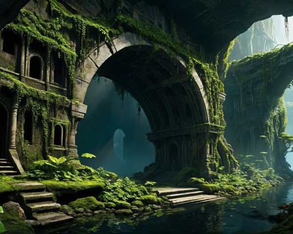 Lush Overgrown Landscape with Ancient Stone Arches
