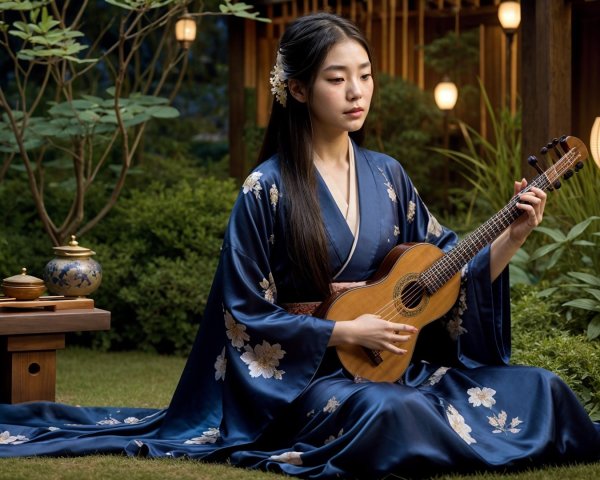 Young Woman in Blue Kimono Playing Instrument Outdoors