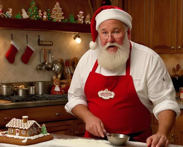 Santa Claus in festive kitchen with gingerbread house