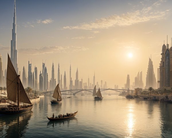 Dubai Skyline at Dusk with Iconic Architecture and Dhow
