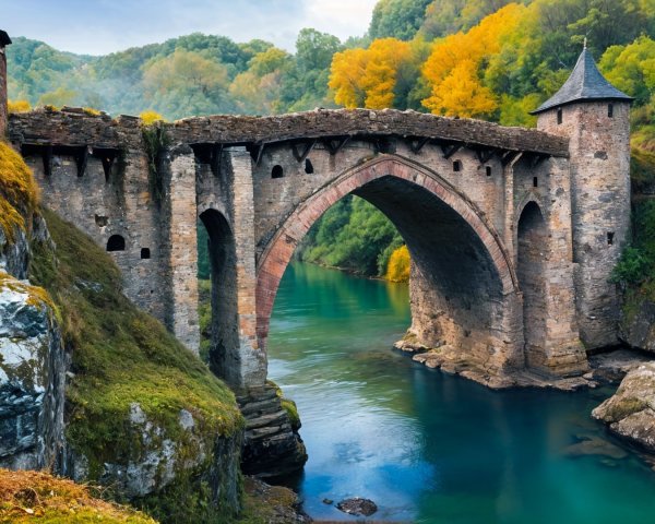 Stone Bridge Over Turquoise River in Autumn Landscape
