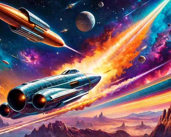 Cosmic Scene with Rockets and Celestial Landscapes