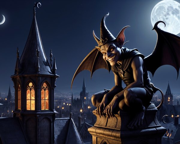 Gargoyle on Gothic Tower Under Moonlit Sky
