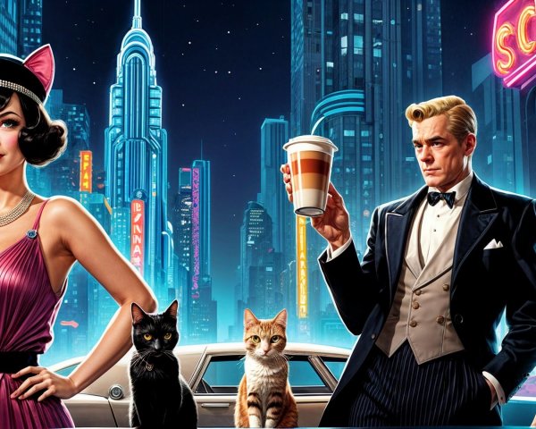 Retro City Scene with Glamorous Couple and Cats