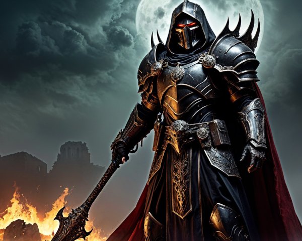 Dark Armored Warrior Against Ominous Moonlit Sky