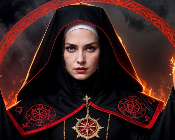 Mysterious Figure in Dark Robe with Fiery Symbol