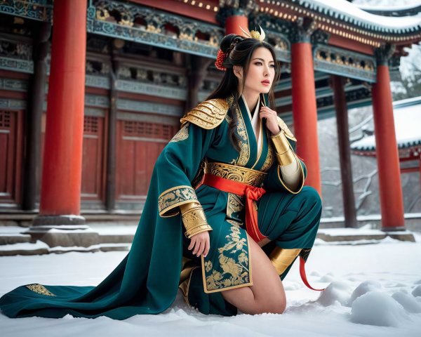 Asian Woman in Regal Warrior Outfit Crouching in Snow