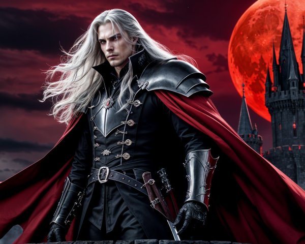 Gothic Fantasy Scene with Silver-Haired Figure and Castles