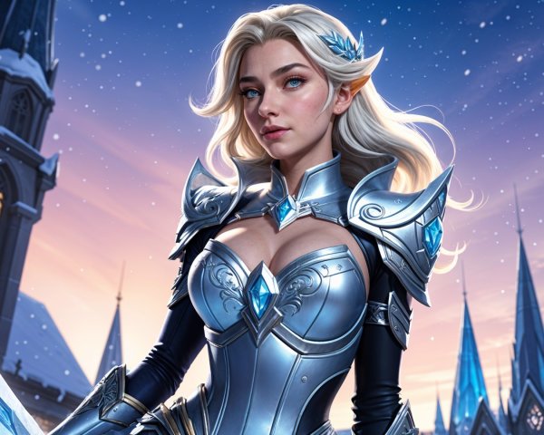 Female character in silver armor with icy sword