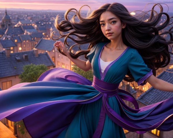 Young woman in vibrant dress spinning on rooftop at dusk