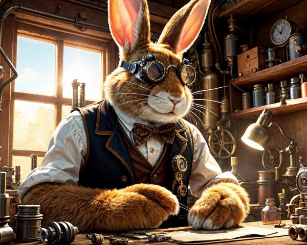 Steampunk Rabbit in Workshop with Gadgets and Tools