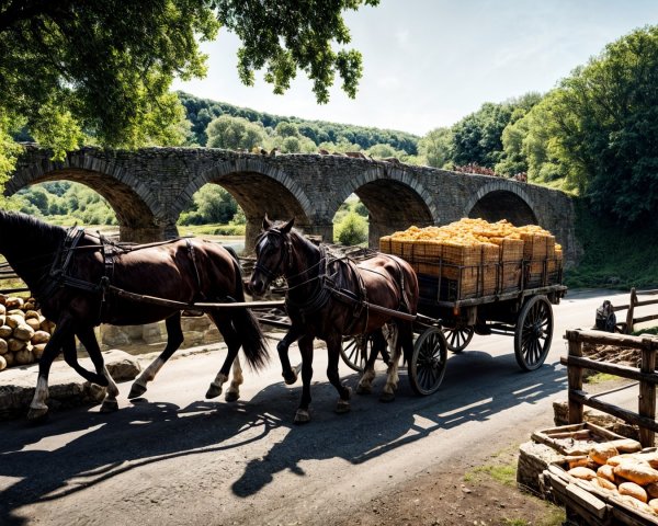 Scenic Rural Landscape with Horse-Drawn Cart and Bridge