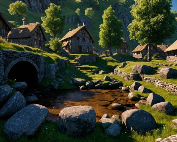 Serene Village in a Lush Green Valley Landscape