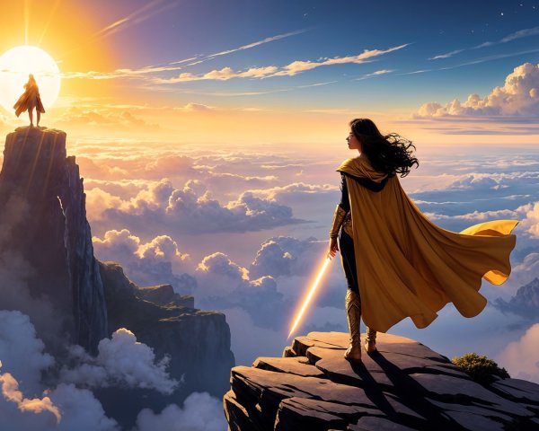 Figure on Mountain Peak with Lightsaber at Sunrise
