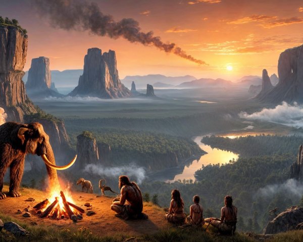 Early Humans Gather by Campfire in Prehistoric Landscape
