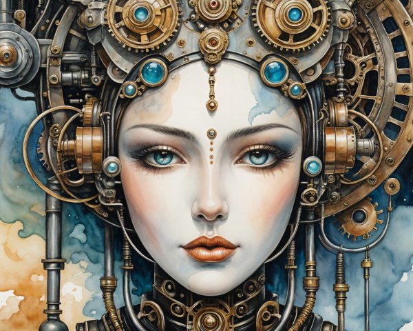Stylized Steampunk Woman Portrait with Watercolor Background