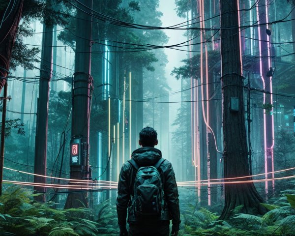 Surreal Forest with Neon Lights and Misty Atmosphere