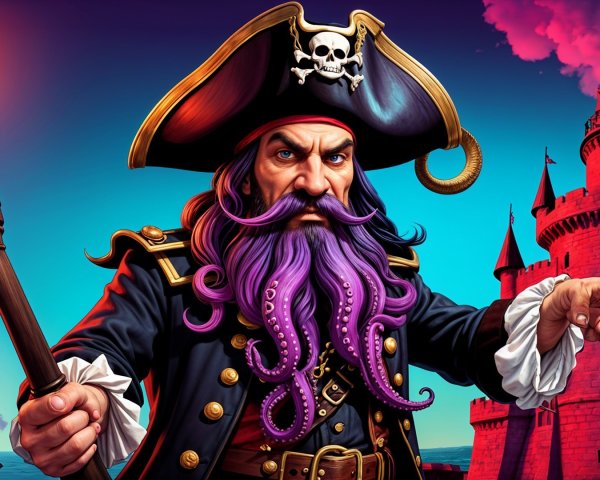 Dramatic Pirate Captain with Torch and Castle Backdrop