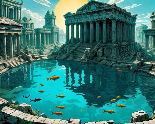 Ancient Ruins and Reflective Pool in Serene Landscape