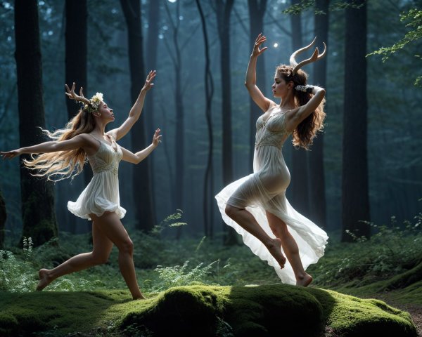 Ethereal Figures Dancing in a Serene Forest Scene
