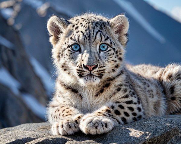 Snow Leopard Cub Resting on Rocky Ledge in Sunlight
