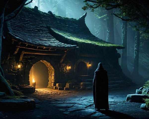 Cloaked Figure at Ancient Cottage in Misty Forest